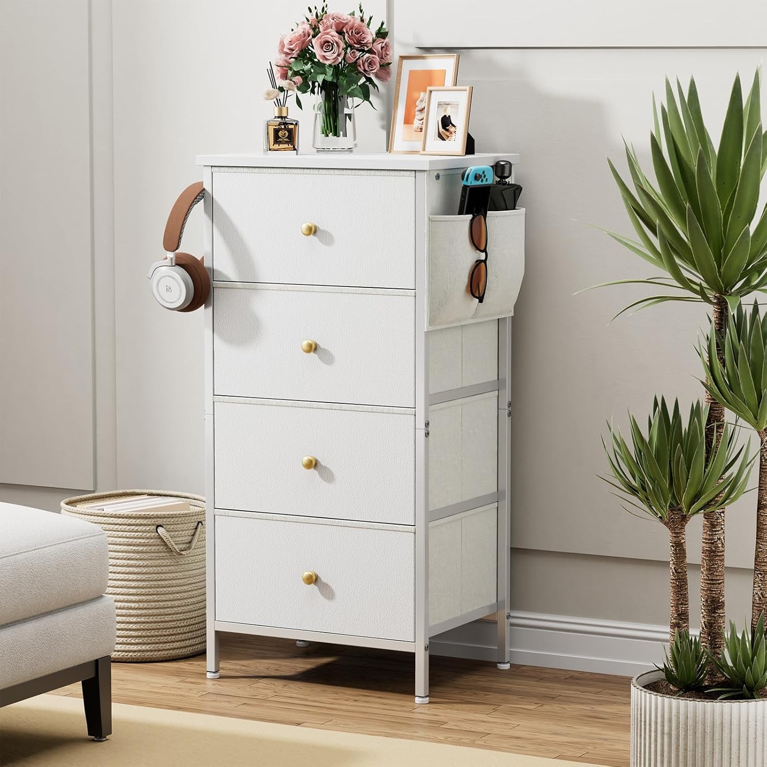 White Tall Dresser with 4 Fabric Drawers for Bedroom Storage Tower