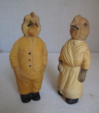 Antique Celluloid Mr. Mrs Dressed Chicken Baby Rattles 7" tall