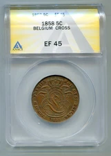 Belgium 5 Centimes 1858 cross in Bronze Anacs EF-45  KM-5.1a  lotsep3099