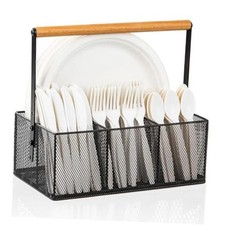 Paper Plate Organizer with Handle, Silverware Caddy Countertop, Paper Plate