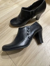 Aerology Bootie Shoes- Zip Up, decorative Buttons, Black Vegan Leather, 3” Heel