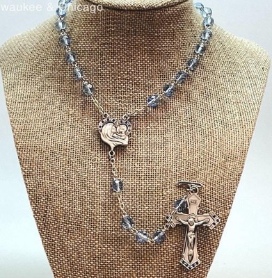 Vintage Sterling Silver Chapel Rosary Blue Glass Beads Crucifix Mary Medal 22 