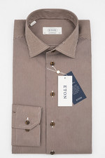 Men Eton Shirt Brown Striped Single Convertible Cuff Contemporary Size 39 15.5