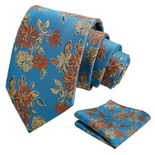 Mens 3.15inches Leaf Flower Pattern Tie with Floral Pocket 915-teal rust gold