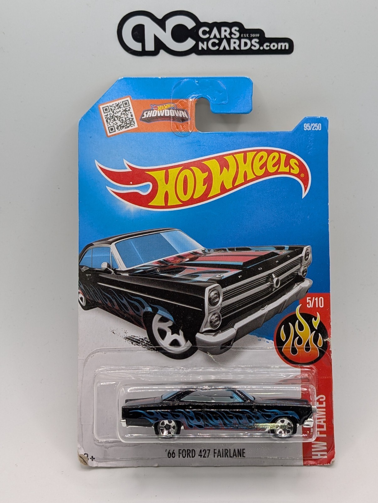 2016 Hot Wheels HW Flames 5/10 '66 Ford 427 Fairlane Black (Card Damage)
