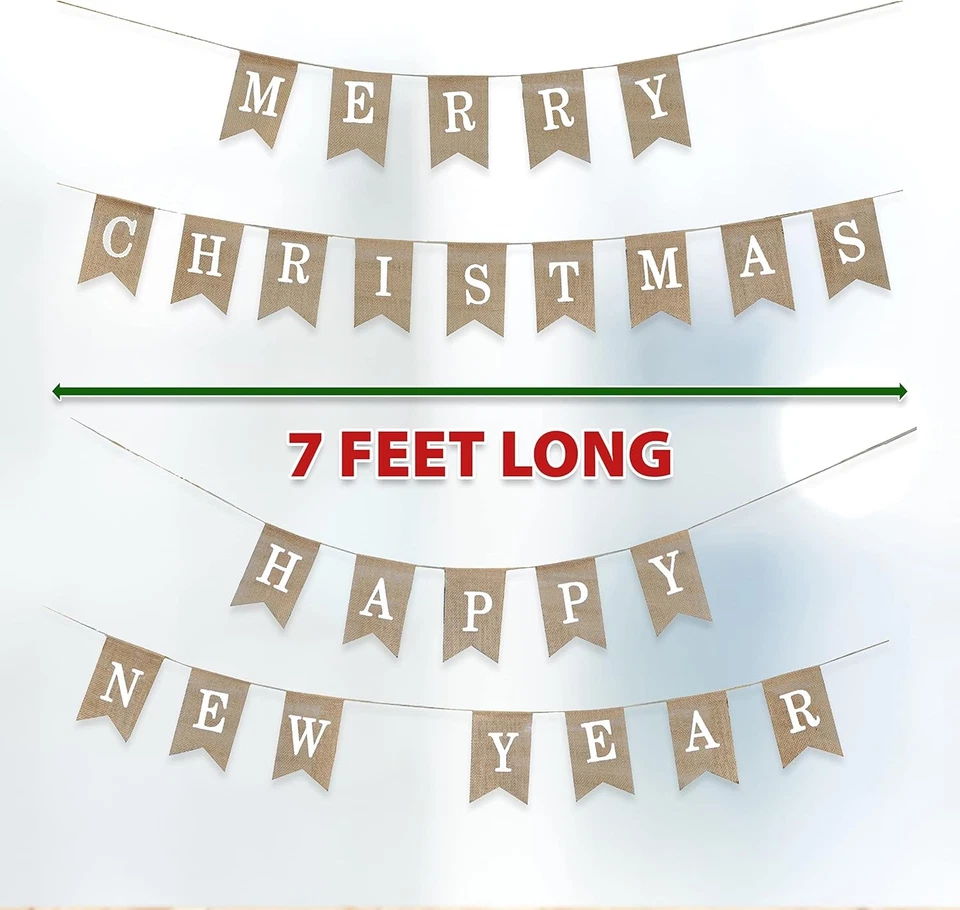 Guirnalda Mandala Artesanía Feliz Navidad Arpillera Banner - Beige, Blanco Foto 4 de 4