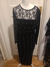 Ladies Size Large Black With "Pearl" Detail Long Sleeved Long Length Dress