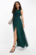 Anaya Bridesmaid dress tulle One Shoulder Maxi Dress Emerald Green Size 8 - ASOS
