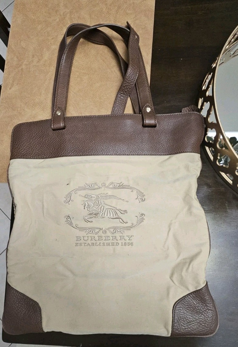 Burberry Women's Brown Canvas Leather Tote Handbag Pre-Owned