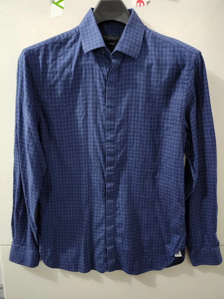 John Varvatos 衬衫男式 15 蓝色长袖纽扣隐藏格子格子修身 — 第 2/4 张图片
