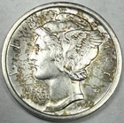 1920-D 10C Mercury Winged Liberty Silver Dime with AU Near BU Details.