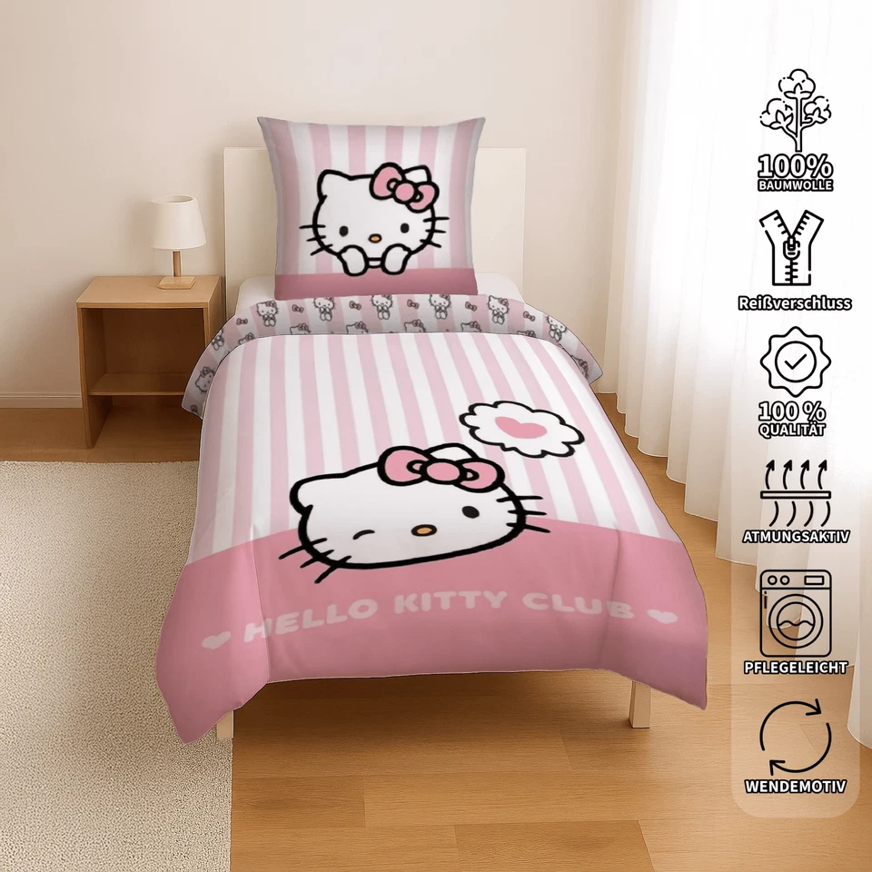 Hello Kitty Club Reversibile Set Lenzuola 2tlg 135 X 200 CM / 80 X 80 CM - Immagine 2 di 4