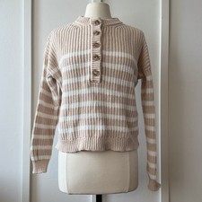 Elie Tahari Blush  Cream Striped Cashmere Blend Button Neck Sweater  Medium