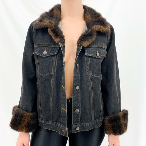 Y2k Black Denim Jean Jacket With Brown 