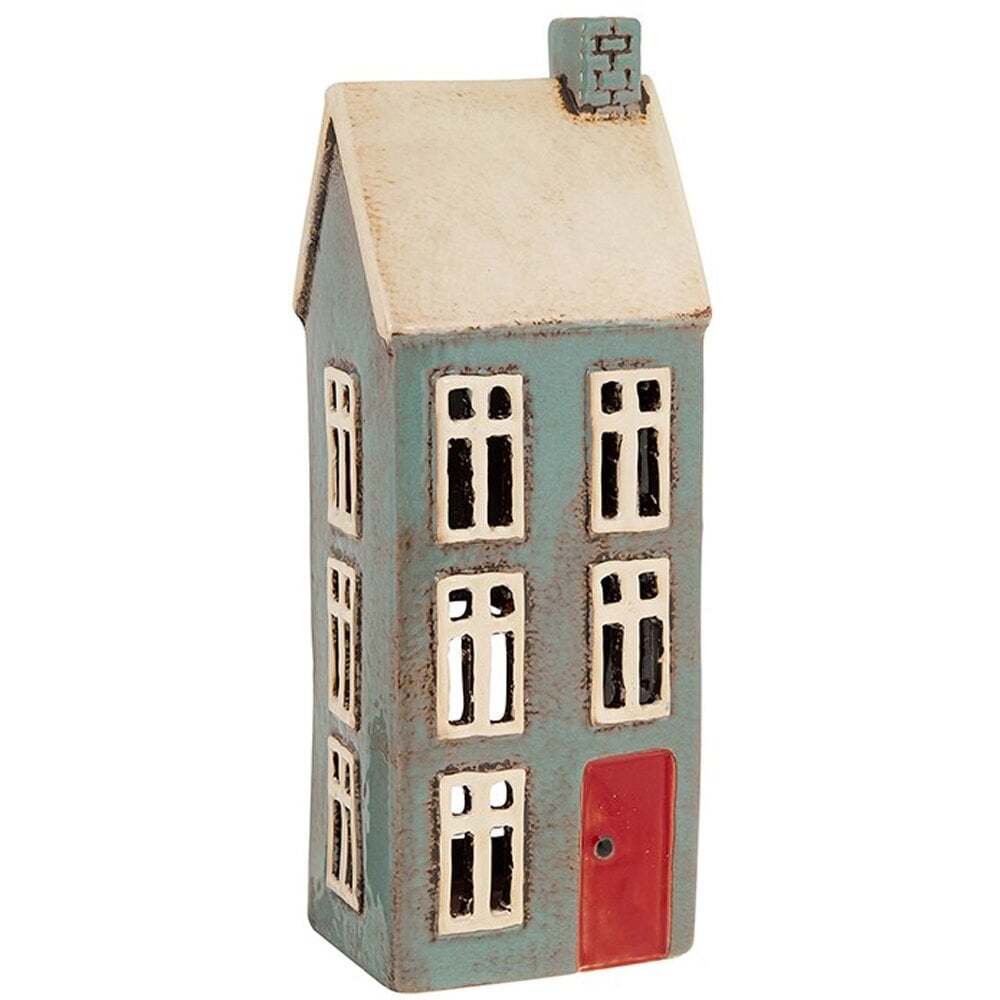 Shudehill Giftware Village Pottery Tealight Holder - Tall Blue House 200611
