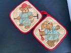 Hand Quilted Brown Bears 2 Potholders Hot Pads Red Trim