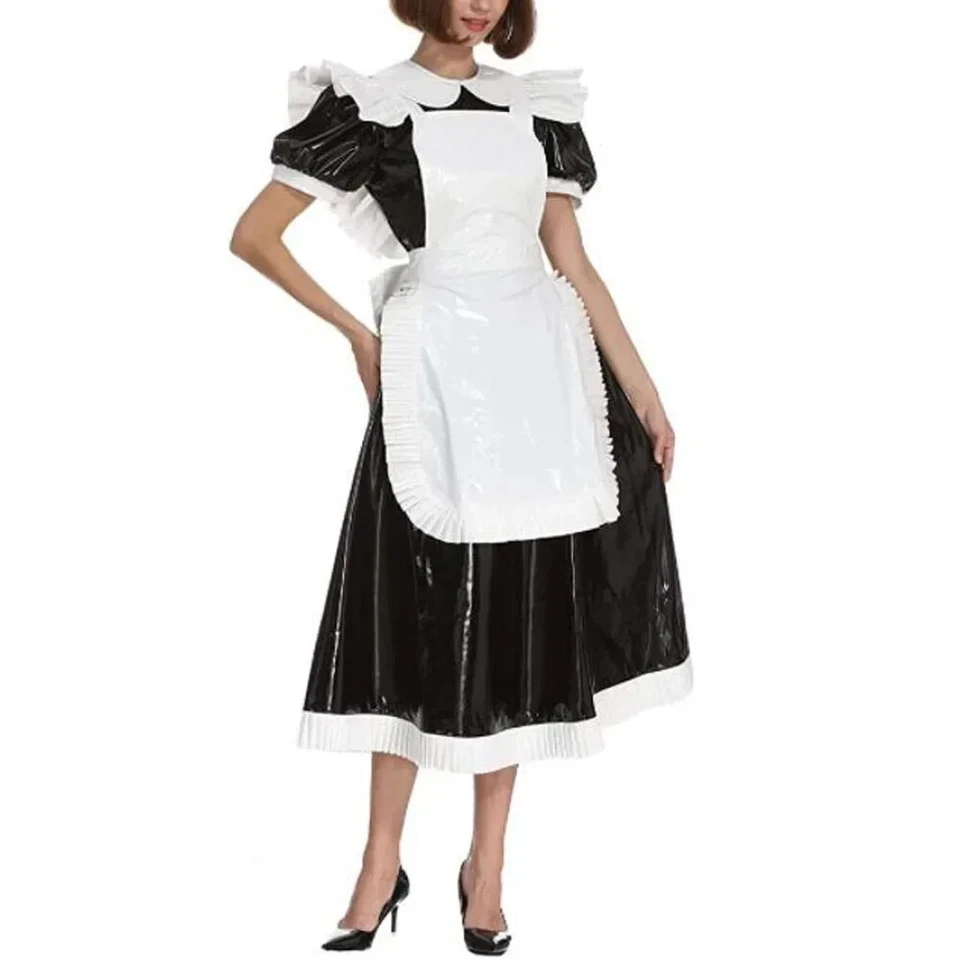 Disfraces de disfraces de criada francesa Sissy para mujer cuello Peter Pan trajes de PVC brillantes 7XL Foto 2 de 4