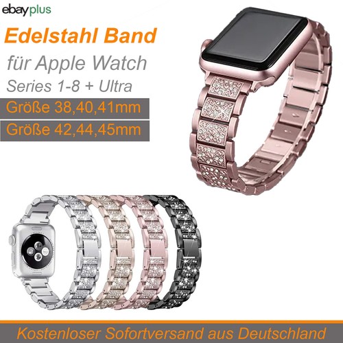 Damen Edelstahl Armband Metall Strasssteine Glieder Band Apple Watch Series 1-8 - Bild 1 von 12