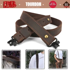Tourbon Buffalo Leather Rifle Sling Padded Gun Strap+Metal Swivels Clip Hunting