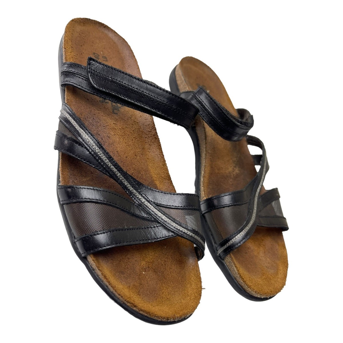 Naot Black Leather Mesh Strap Slide Sandals Women display picture 1