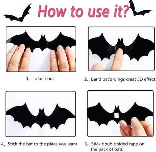 Halloween 60PCS Scary 3D Bats Decoration Wall Decals Party Stickers 4 Size - Picture 2 of 4