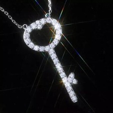 Round Cut Simulated Diamond Pretty Heart Key Fancy Pendant 14k White Gold Plated
