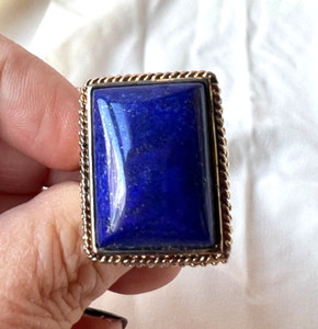 Authentic HUGE GENUINE BLUE LAPIS RING YELLOW GOLD PLATED OVER STERLING SILVER STATEMENT