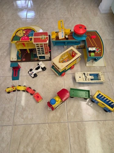 Vintage 1970s Fisher Price Airport Parking Garage Camper Boat race car plane