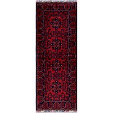 1'10"x4'10" Red Afghan Khamyab Geometric Hand Knotted Soft Wool Runner Rug R749