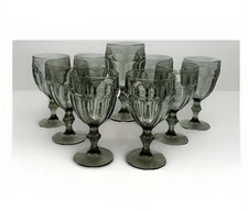 Libbey Gibraltar Smoke Grey Pressed Glass Goblets Set of 9 Vintage Barware 6.75”