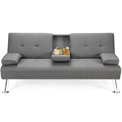 Costway Convertible Folding Futon Sofa Bed Fabric w/2 Cup Holders Light Gray