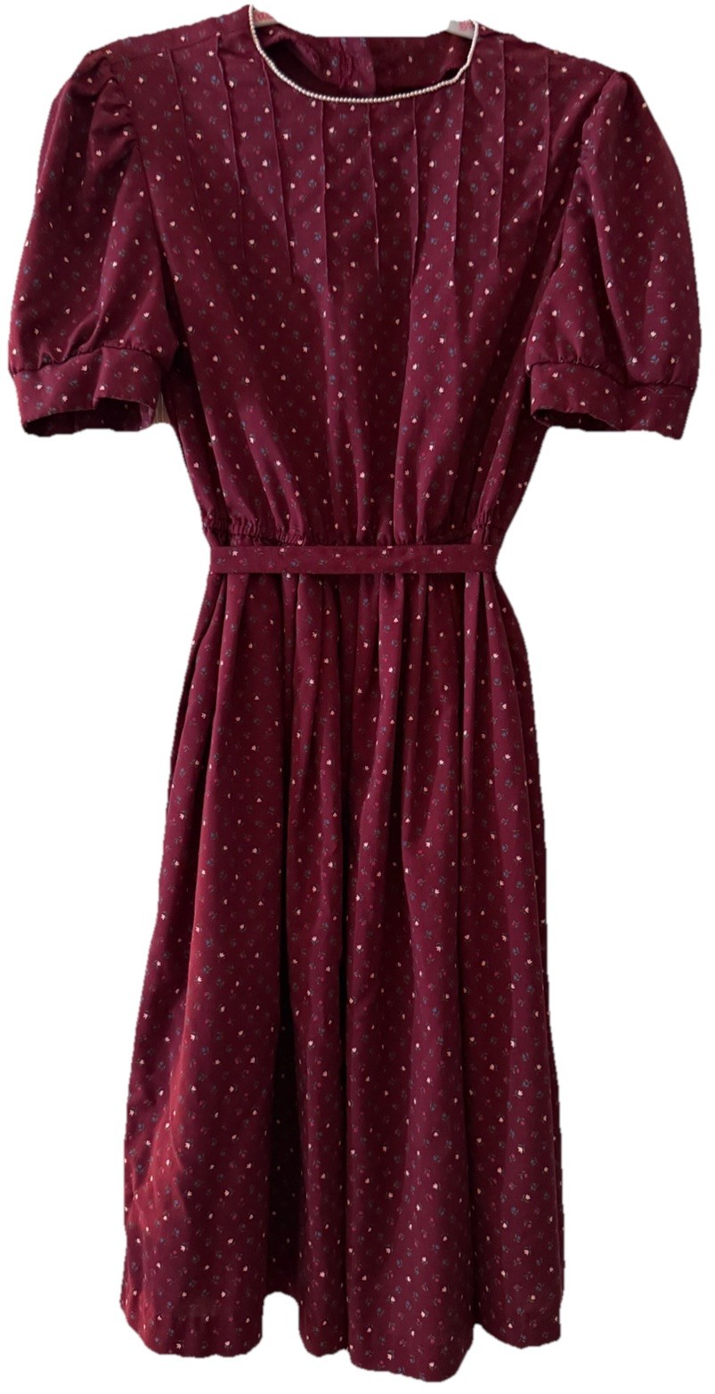 👗Vintage Handmade Prairie Dress Puff Sleeve Burgundy Ditsy Floral-Size S?👗