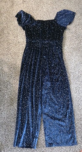 Three Pink Hearts Navy And Silver Velour Jumpsuit. Girls Size XL. Holiday Party - Picture 5 of 7