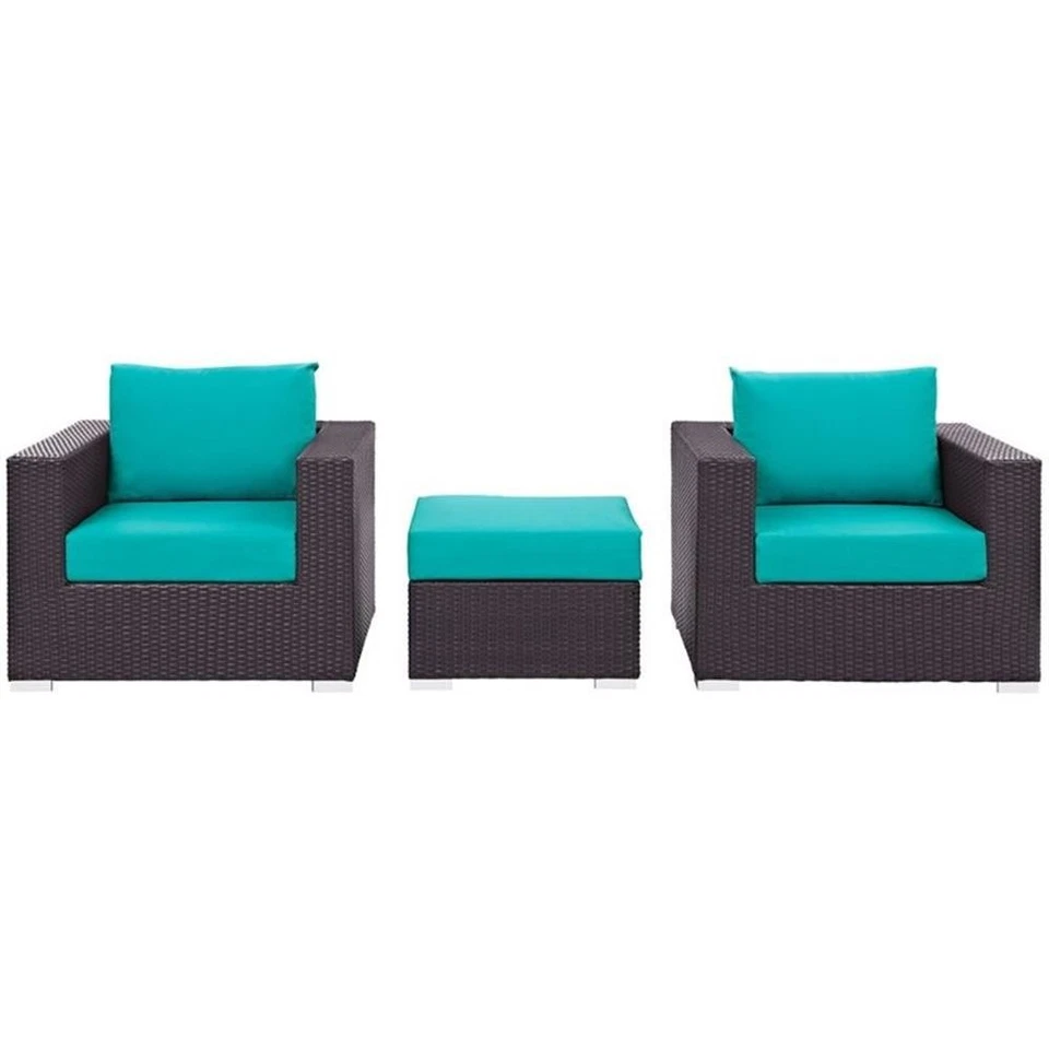 Modway Convene 3-Piece Aluminum and Rattan Patio Sofa Set in Turquoise/Espresso Foto 3 de 4