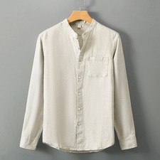 Linen Long-sleeved Shirt Men Stand Collar Casual Relaxed Breathable Tops