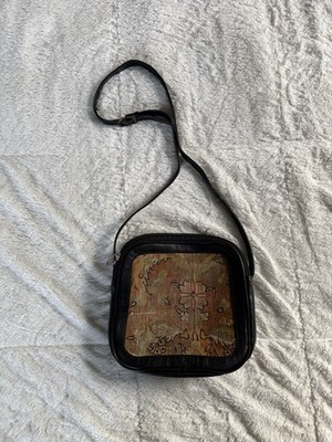 Vintage Black Leather Crossbody Bag Patterned Textile Front Adjustable Strap