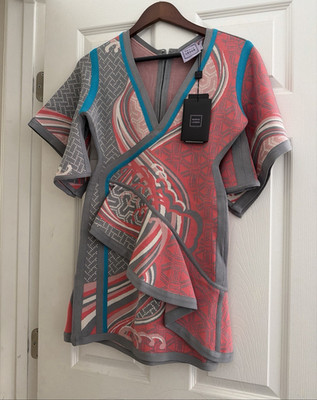 Hervé Léger Multicolor Geometric V-Neck Ruffle Short Sleeve dress Size L