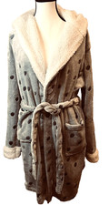 Robe Womens One Size Gray Polka Dot Plush Fleece Hooded Belted Lounge Soft