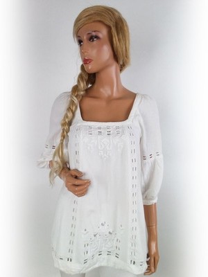MONSOON Damen Tunika Bluse Gr. 36 Weiß Viskose 3/4 Ärmel Stickerei Einfarbig