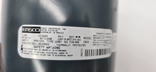FASCO D823 3/4-1/2 HP ELECTRIC MOTOR 460VAC 1075 RPM 2 SPEED SPLIT CAP. - Picture 3 of 6