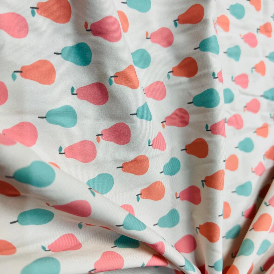 Tela de spandex de nailon con estampado de peras azules y naranjas elástica en 4 vías para trajes de baño Foto 2 de 4