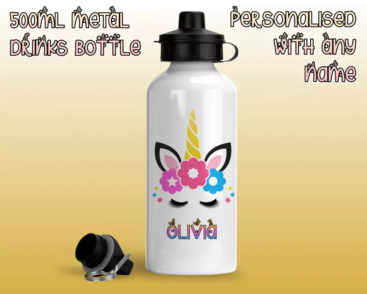 Personalised Metal Unicorn Eyelashes Water Bottle Girl Kids School nursery  flask