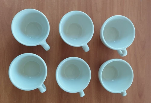 6 VINTAGE HOMER LAUGHLIN RESTAURANT WARE COFFEE CUPS WHITE CERAMIC