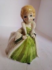 Vintage Relpo Planter Blonde Woman in Green Dress and Plaid Coat 5972 RARE
