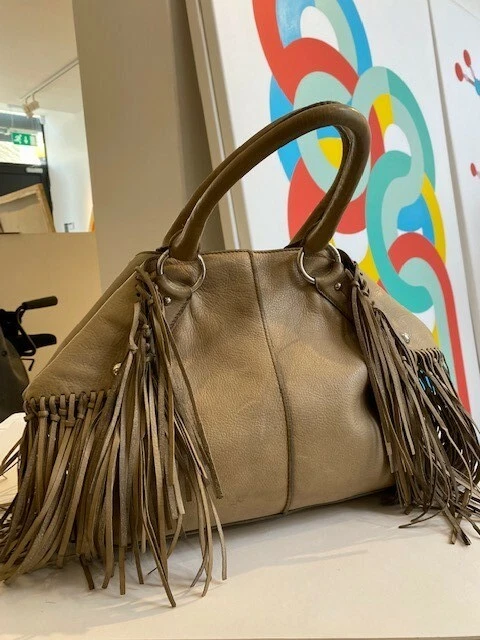 Tod's taupe leather fringe satchel bag | eBay