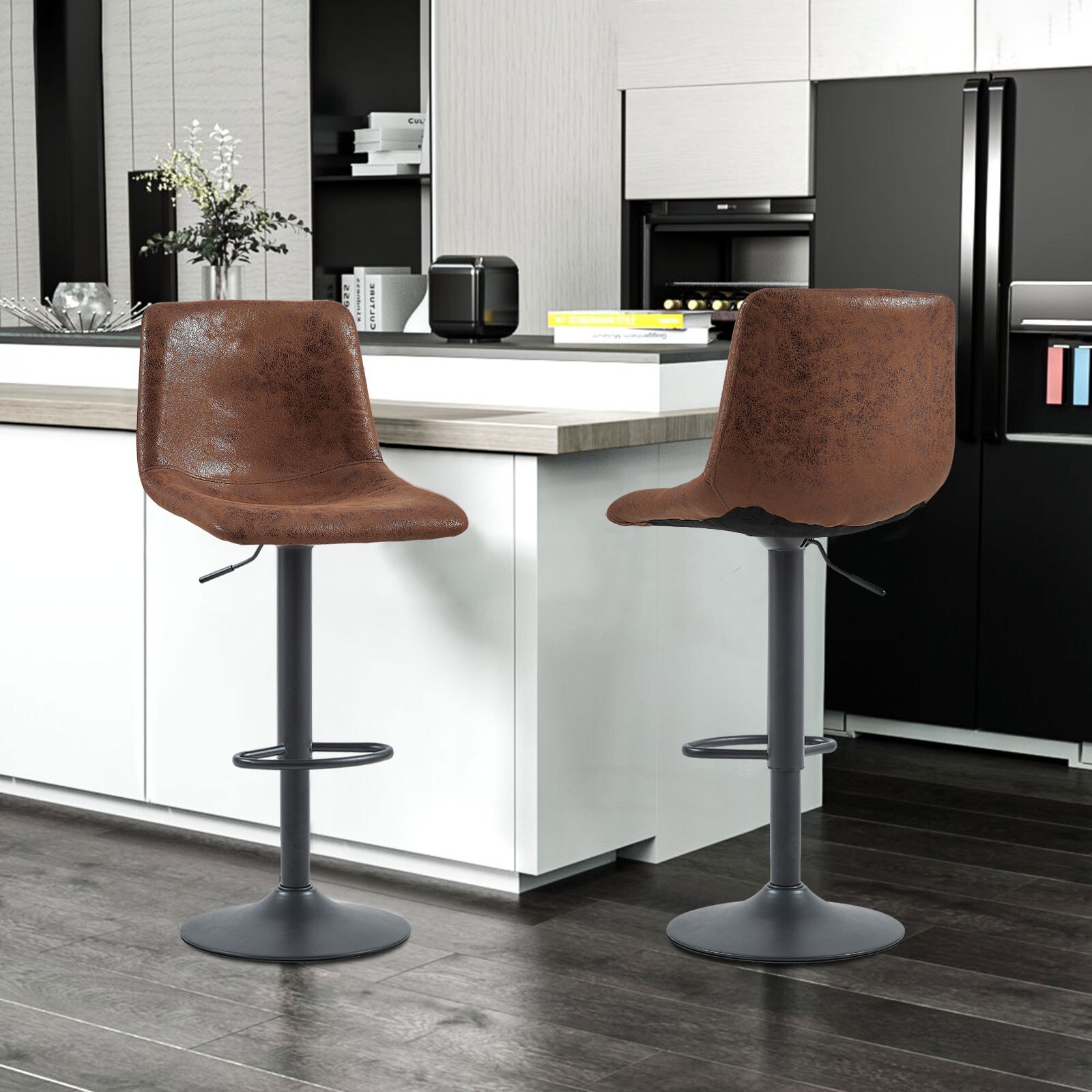 2x Brown Swivel Bar Stools Faux Suede Leather Metal Base Kitchen Chairs