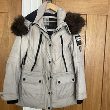 Superdry Ladies Grey Feather Down Ski Snow Jacket. Faux Fur Hood. Used. Size: M.