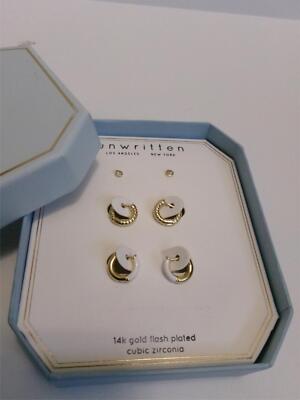 048 Unwritten set of 14K gold flash plated earrings hoops CZ