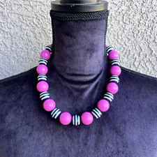 Bright Colorful Pink Black White Bubblegum Bead Necklace 19" Chunky Fun
