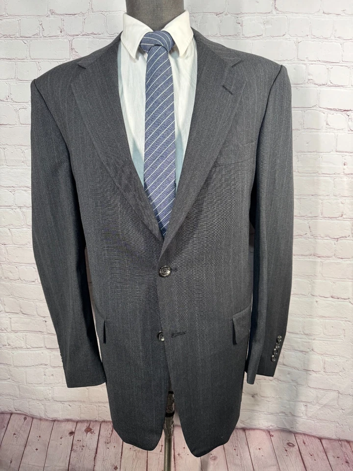 Calça masculina cinza listra de giz lã CLASSIC FIT frente plana 2 peças terno 44L jaqueta 36x31 - Imagem 2 de 4